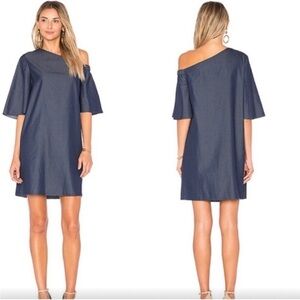 TIBI Dark Denim One Shoulder Mini Shift Dress Dark Blue Cotton Lightweight 4 NEW